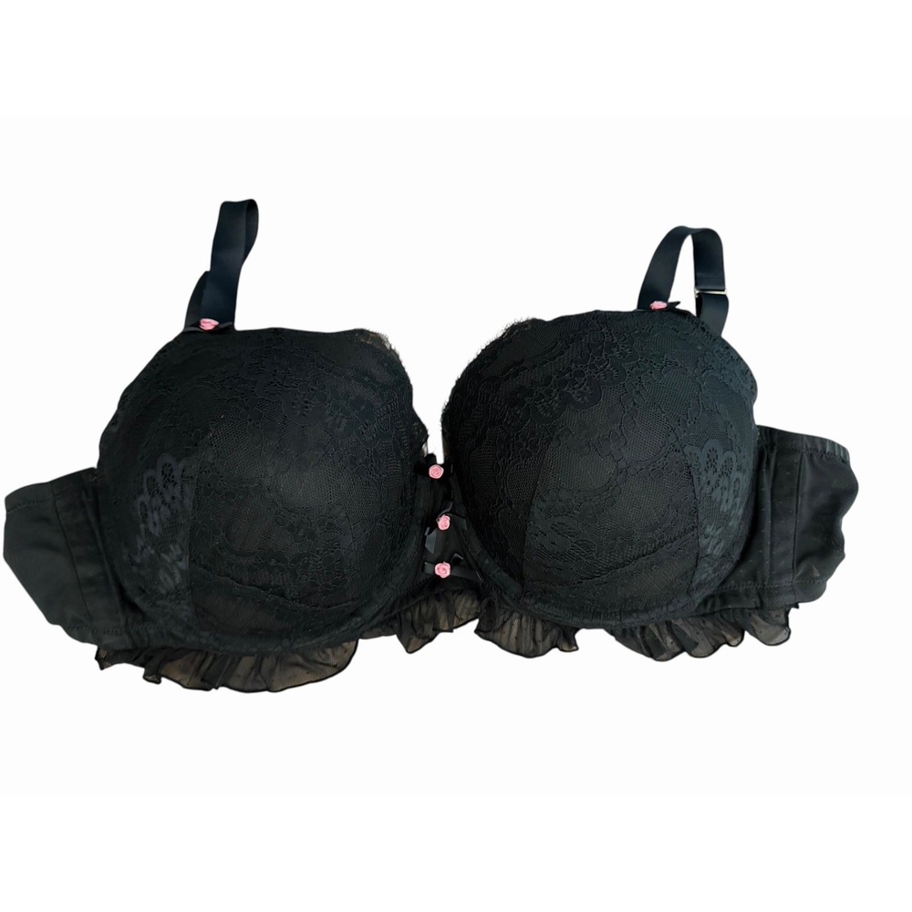 Cacique 48DD Black Lace Boost Balconette Bra Pink Flower Coquette Goth KKK15-1